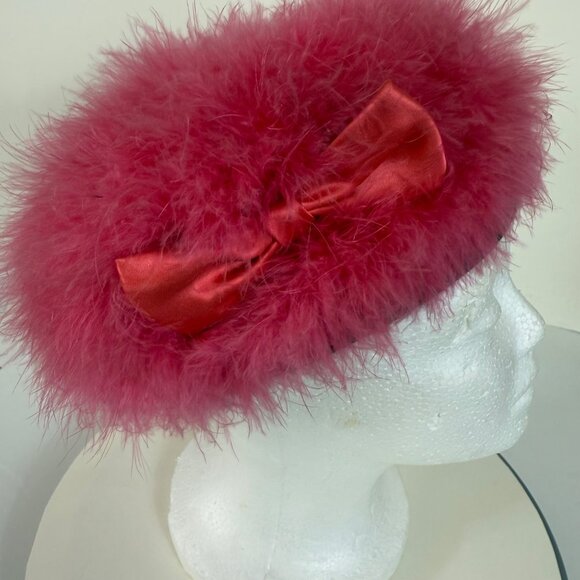 Pink Angora Beret Hat Satin Bow VTG Fuzzy Raspberry French Style 50s 60s Winter - Picture 10 of 11